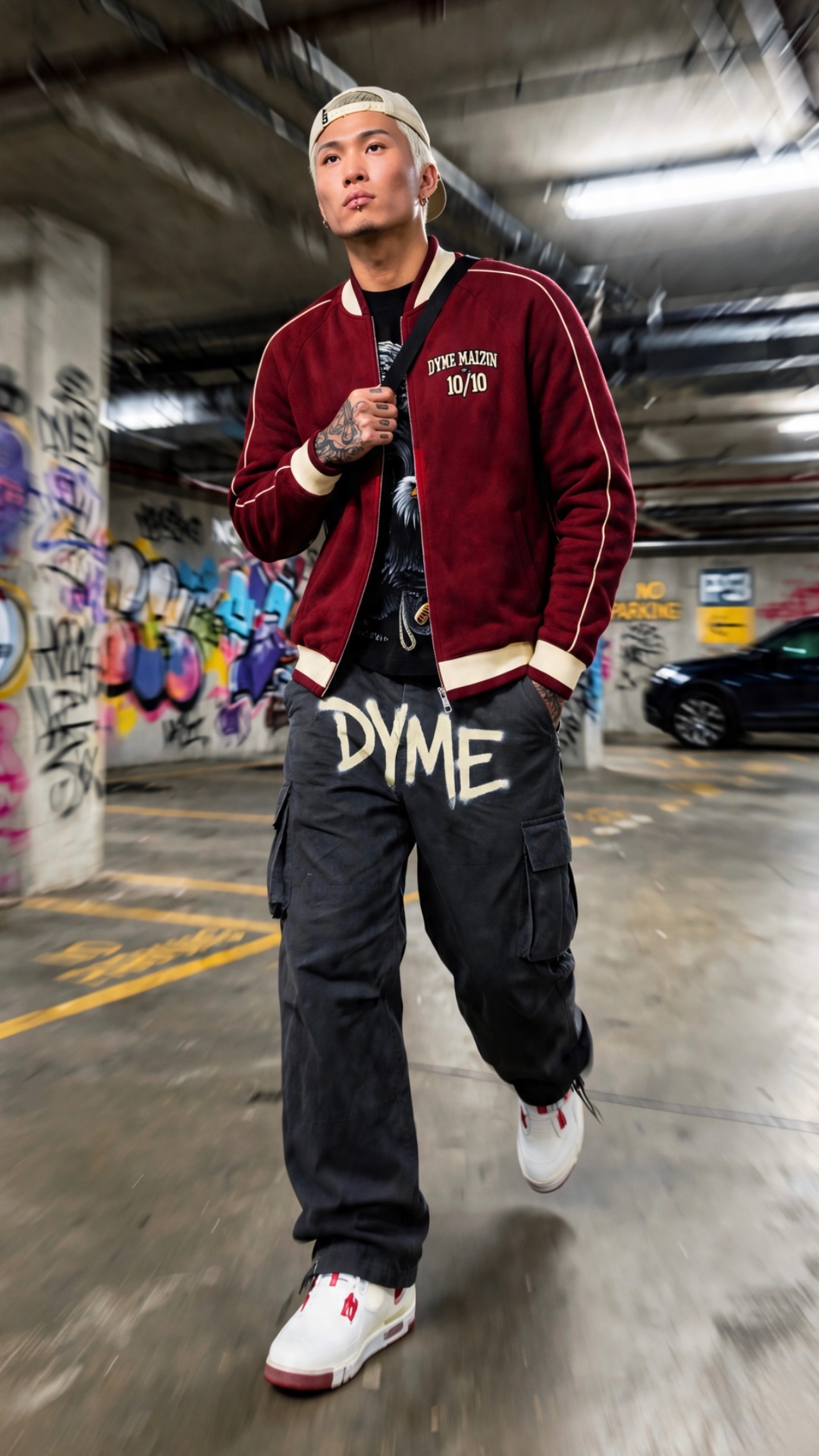 Model in a Dyme Maizon varsity jacket moving through a concrete parkade at night