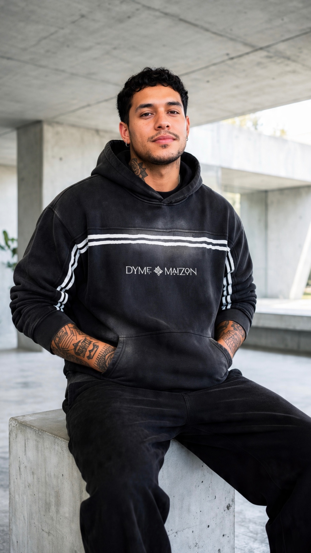 Model seated on concrete steps in the Dyme Maizon striped hoodie, shot after dark